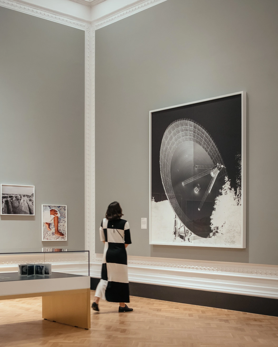 a woman looks at a large photograph