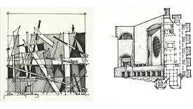 Left side image: abstract sketch; right side image: sketch of the Indian Institute of Management- IIM Ahmedabad in India