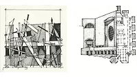 Left side image: abstract sketch; right side image: sketch of the Indian Institute of Management- IIM Ahmedabad in India
