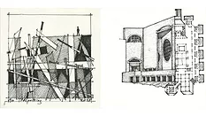 Left side image: abstract sketch; right side image: sketch of the Indian Institute of Management- IIM Ahmedabad in India
