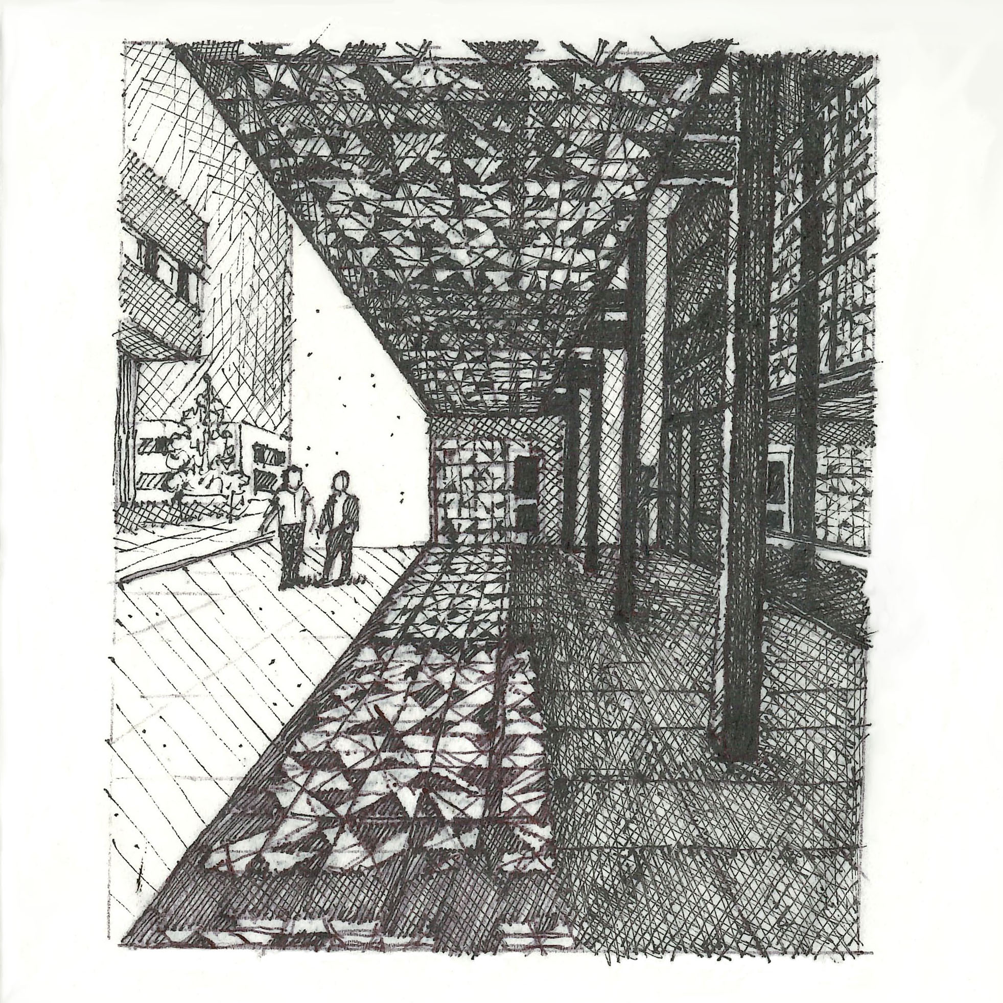 Sketch of a building with two figures.