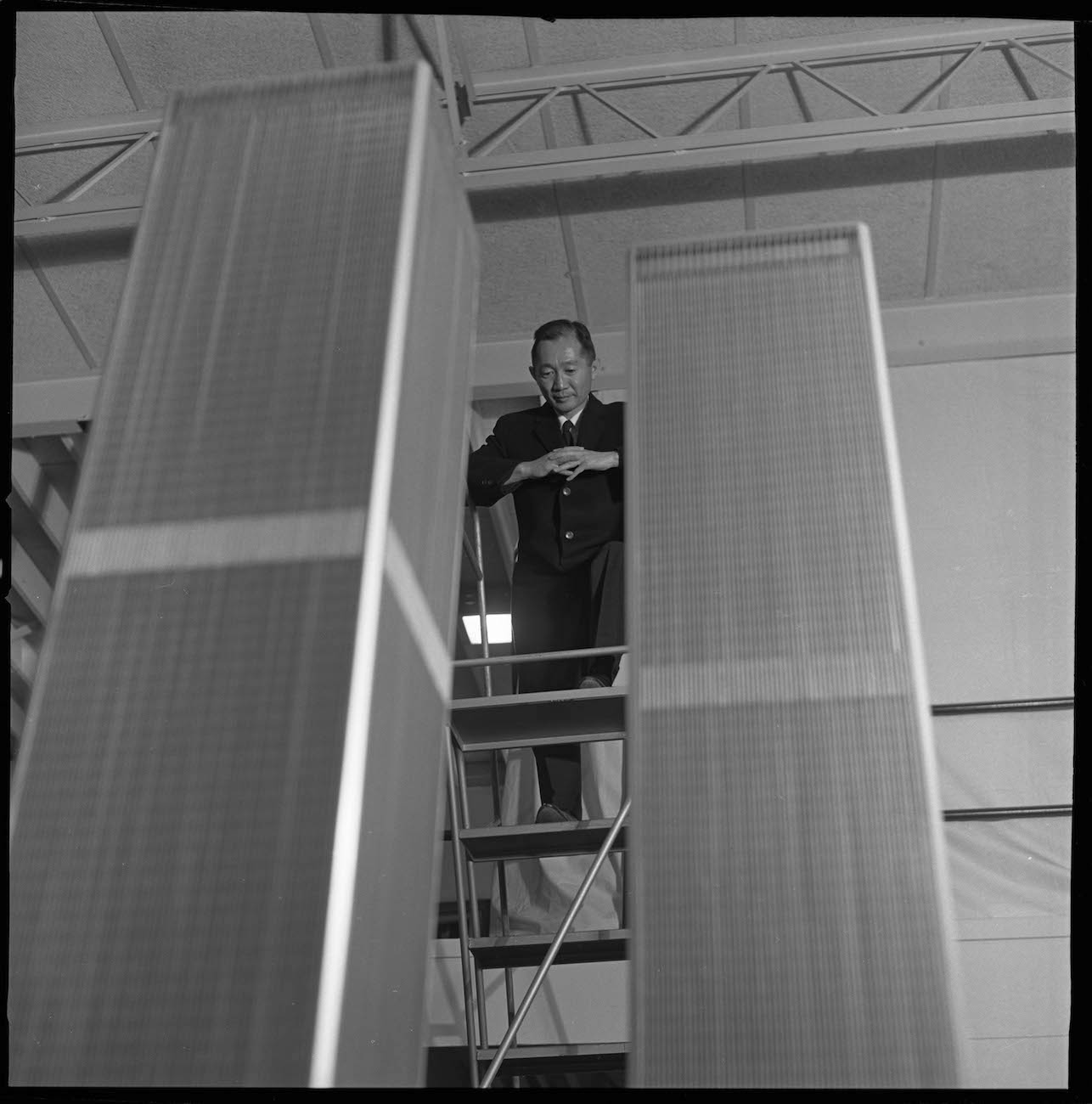 Architect Minoru Yamasaki with model of the World Trade Center