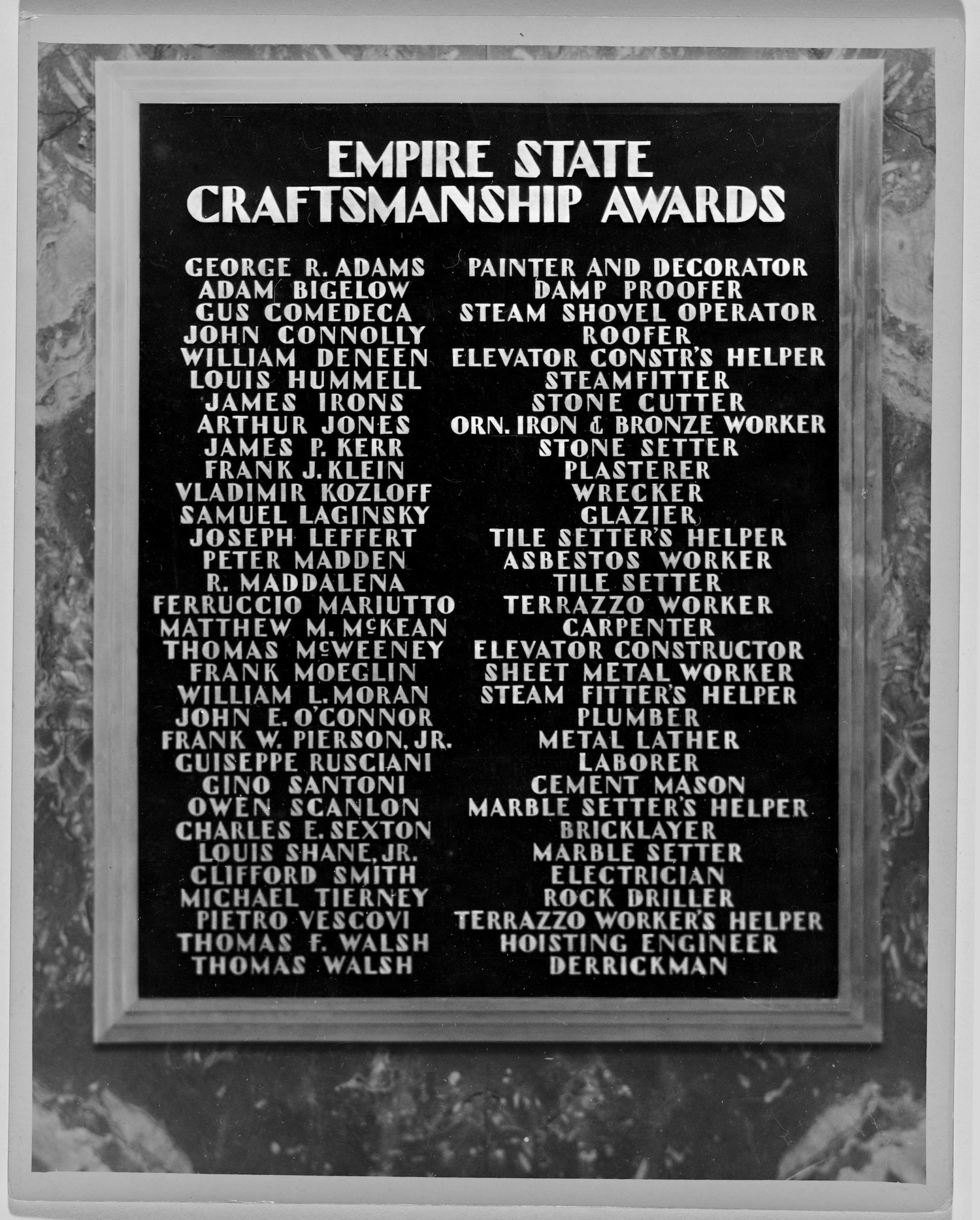 craftmanship award plaque, empire state building