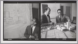 Contact sheet of I.M.Pei and Araldo Cossuta with model and drawings of MIT Campus, 1960