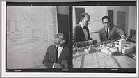 Contact sheet of I. M. Pei and Araldo Cossuta with model and drawings of MIT Campus, 1960 Contact sheet of I.M.Pei and Araldo Cossuta with model and drawings of MIT Campus, 1960