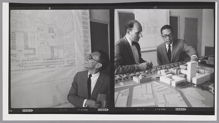Contact sheet of I.M.Pei and Araldo Cossuta with model and drawings of MIT Campus, 1960