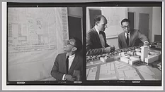 Contact sheet of I.M.Pei and Araldo Cossuta with model and drawings of MIT Campus, 1960