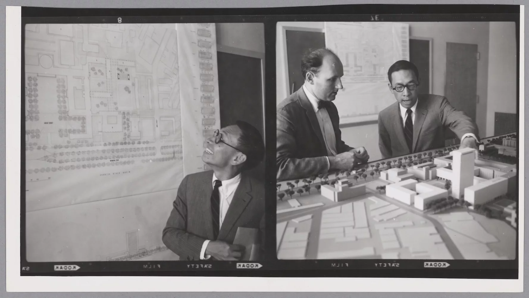 Contact sheet of I.M.Pei and Araldo Cossuta with model and drawings of MIT Campus, 1960