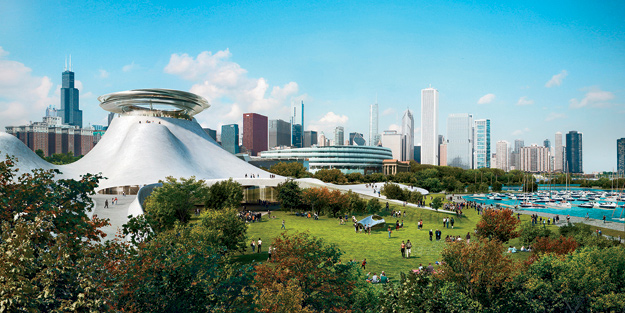 MAD’s controversial design for the Lucas Museum sits on the shore of Lake Michigan with the city as a backdrop. Studio Gang will design the landscape, while VOA Associates will serve as executive architect.