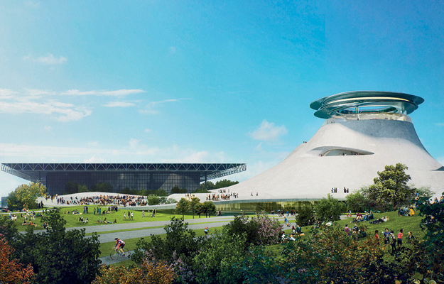 After a proposed Lucas museum, with a banal Beaux Arts design, was rejected for the Presidio in San Francisco, the filmmaker brought an edgy new 400,000-square-foot scheme by MAD Architects to Chicago—nearly four times the size of his original plan.