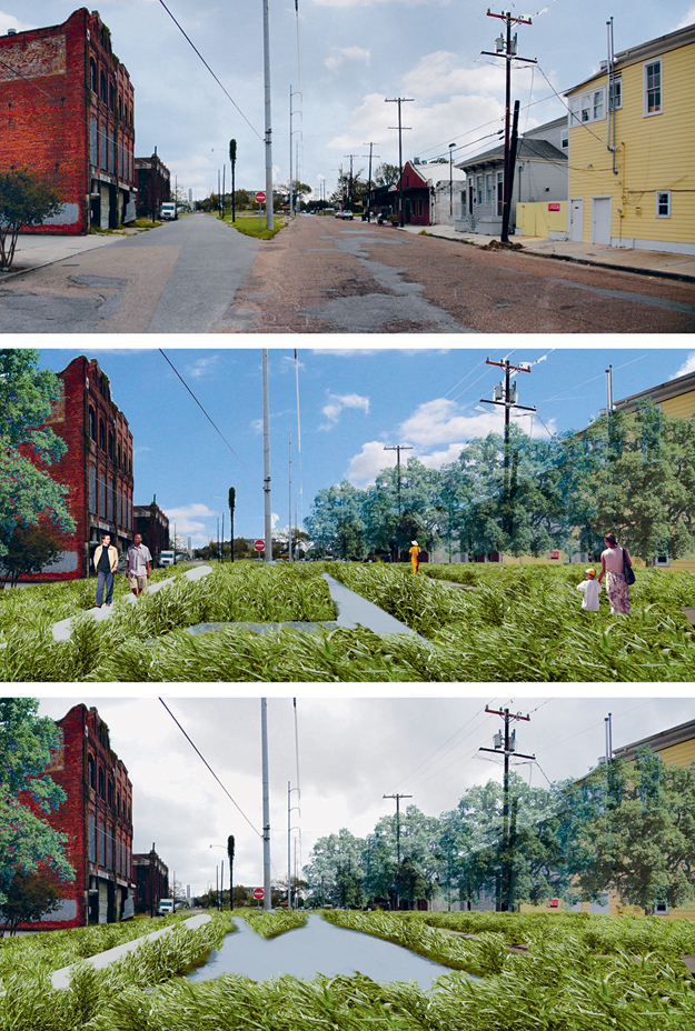 Architects at Waggonner & Ball devised plans for the Hoffman Triangle area that change its current state (top) into one that accommodates various water-storage options (above).