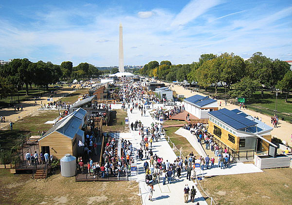This photo shows 20 solar-powered houses displayed on the National Mall for Solar Decathlon 2009.