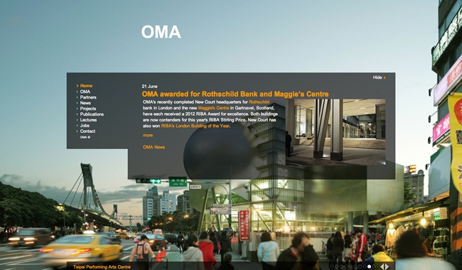 OMA's home page changes daily and typically features a news announcement laid on top of a full-screen image.