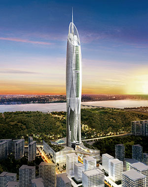 The 725,000-square-foot skyscraper appears to swell slightly as it rises, evoking traditional Korean pottery that is slender at the base and flared at the top. 