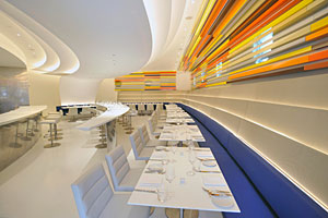 The Wright restaurant opened this month as part of the Guggenheim’s 50th anniversary celebration. The 1,600-sqaure-foot eatery was designed by Andre Kikoski Architect.