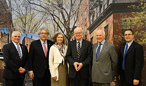 (Left to right) Anthony Schirripa, AIA NY president; George Miller, AIA national president; Sherida Paulsen, 2009 AIA NY President; Robert Tierney, commissioner with NYC Landmarks Preservation Commission; Tersh Boasberg, chair of Washington, D.C.’s Historic Preservation Review Board; Rick Bell, executive director of AIANY. The group is standing in front of the “Brooklyn Heights” section of the exhibition. 