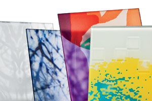 Close up, the designs in Skyline's Digital Glass Portfolio appear as abstract forms and pixels, some with vibrant color fields. Pictured (from left) are Navajo, Neil's Branches, Bloomshade, and Xylophone Variations.